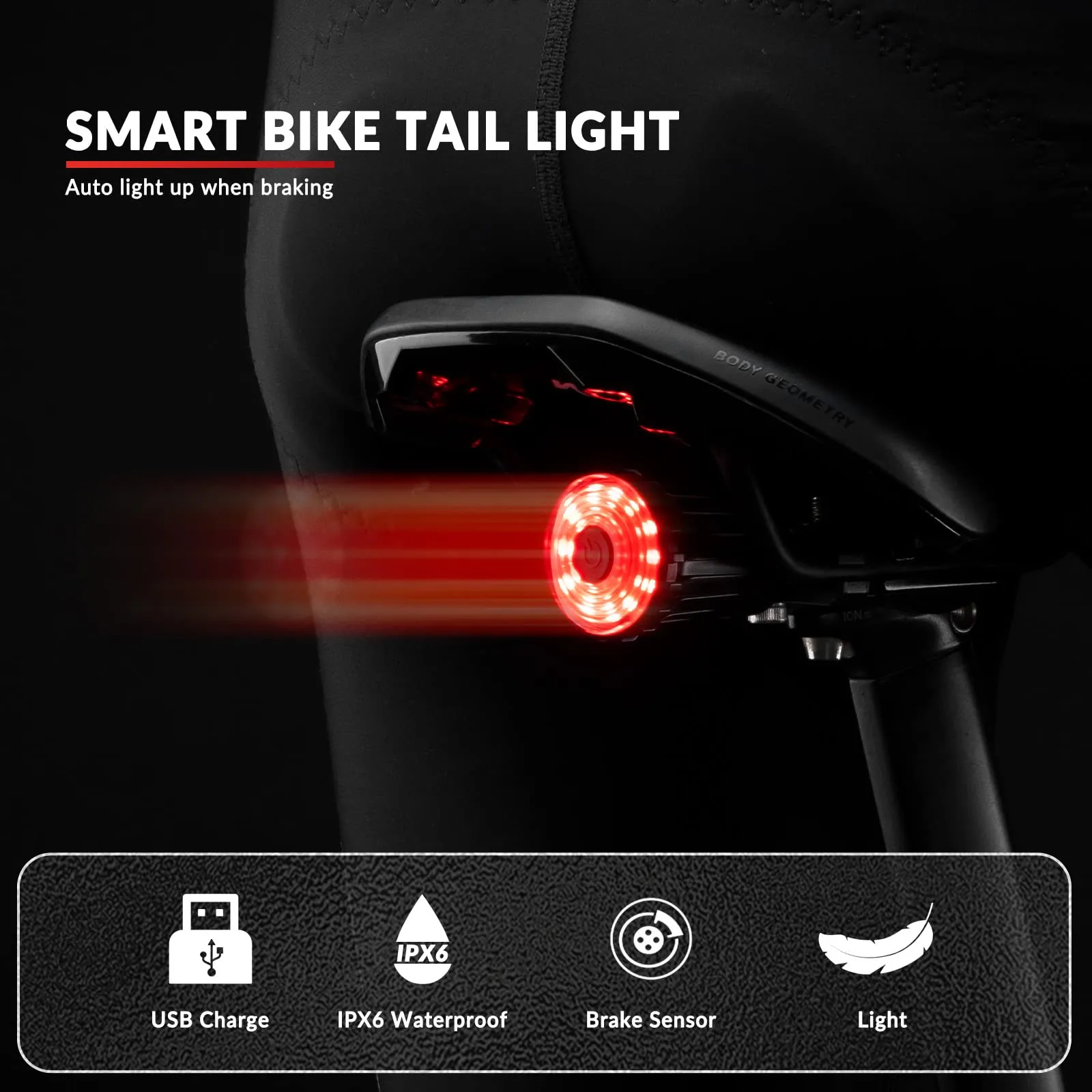 ROCKBROS Brake Sensing Rear Bike Tail Light 100 Lumens USB Rechargeable