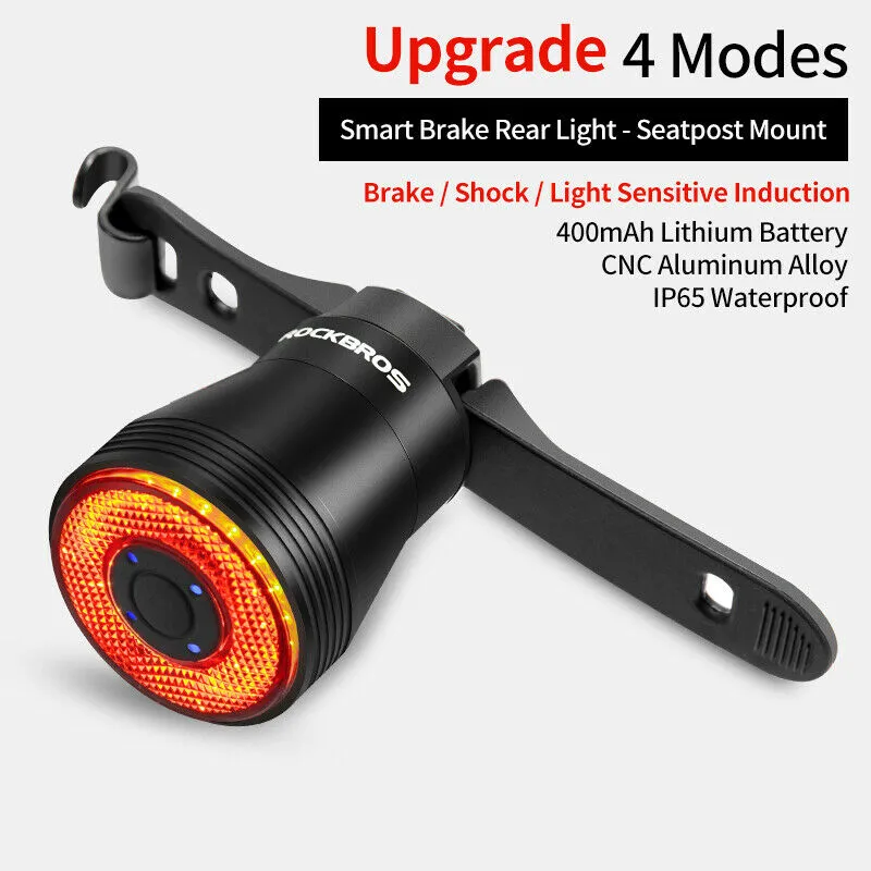 ROCKBROS Q5 Smart Brake & Tail Light - USB Rechargeable, Waterproof