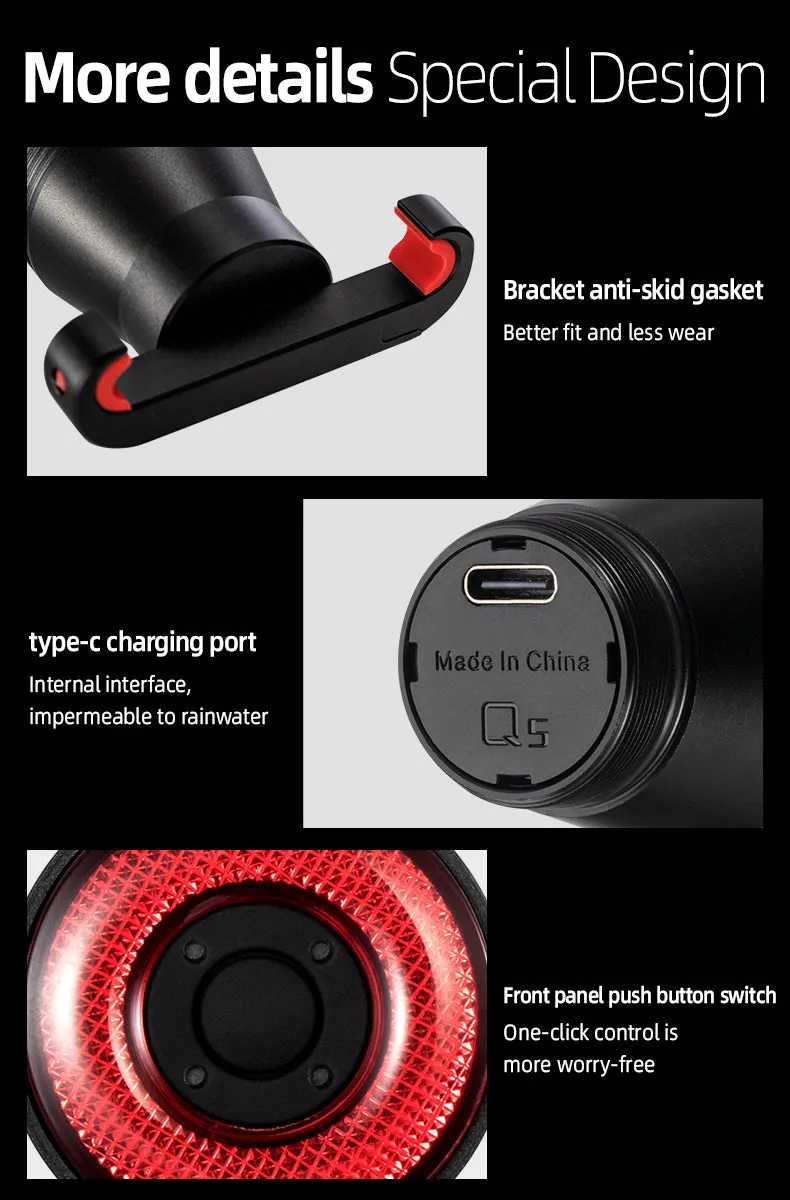 ROCKBROS Q5 Smart Brake & Tail Light - USB Rechargeable, Waterproof