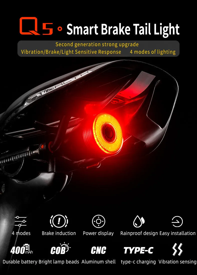 ROCKBROS Q5 Smart Brake & Tail Light - USB Rechargeable, Waterproof