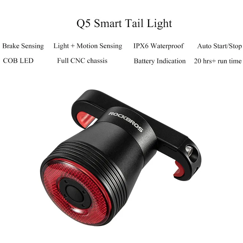 ROCKBROS Q5 Smart Brake & Tail Light - USB Rechargeable, Waterproof