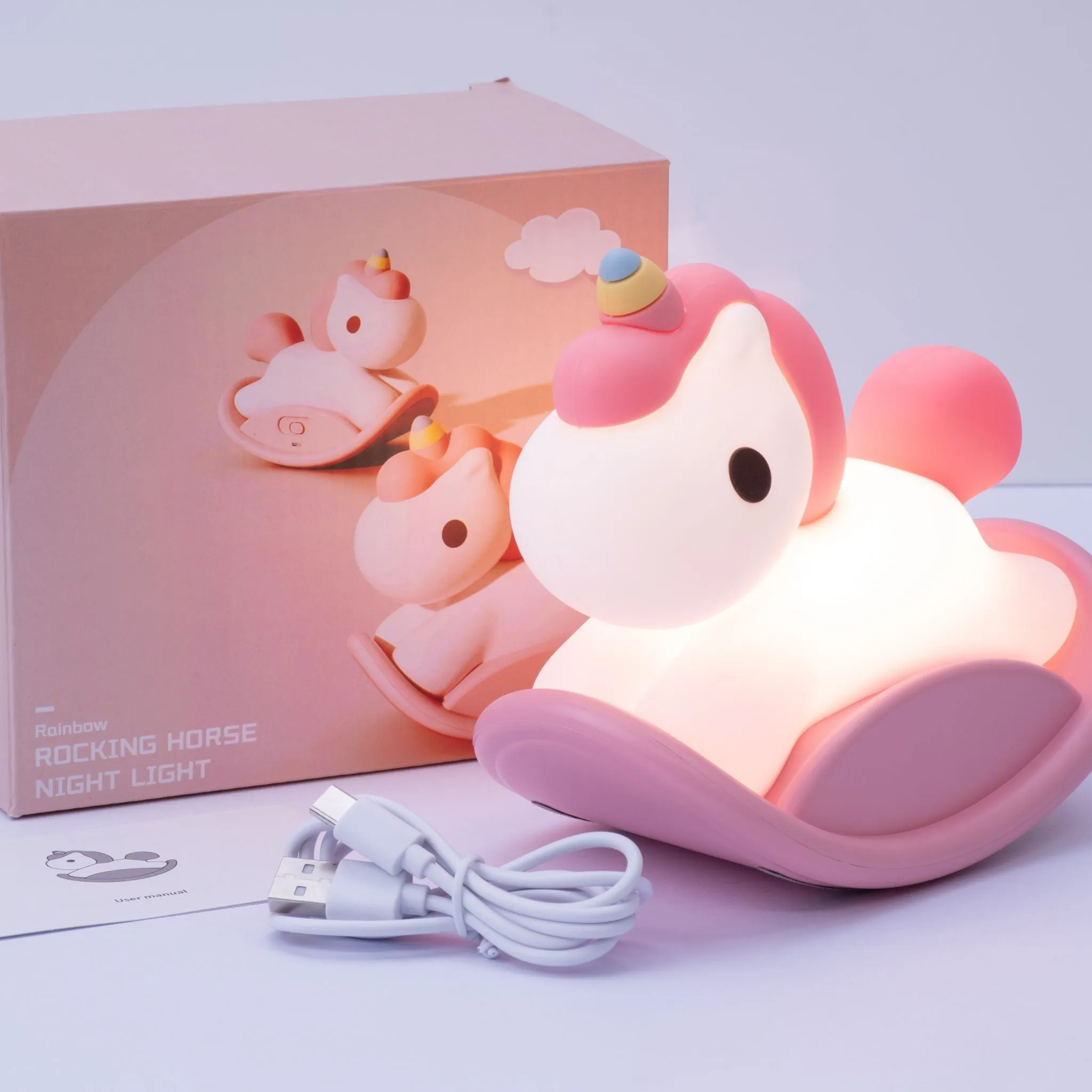 Rocking Horse LED Night Light USB Rechargeable Animal Touch Control Lamp