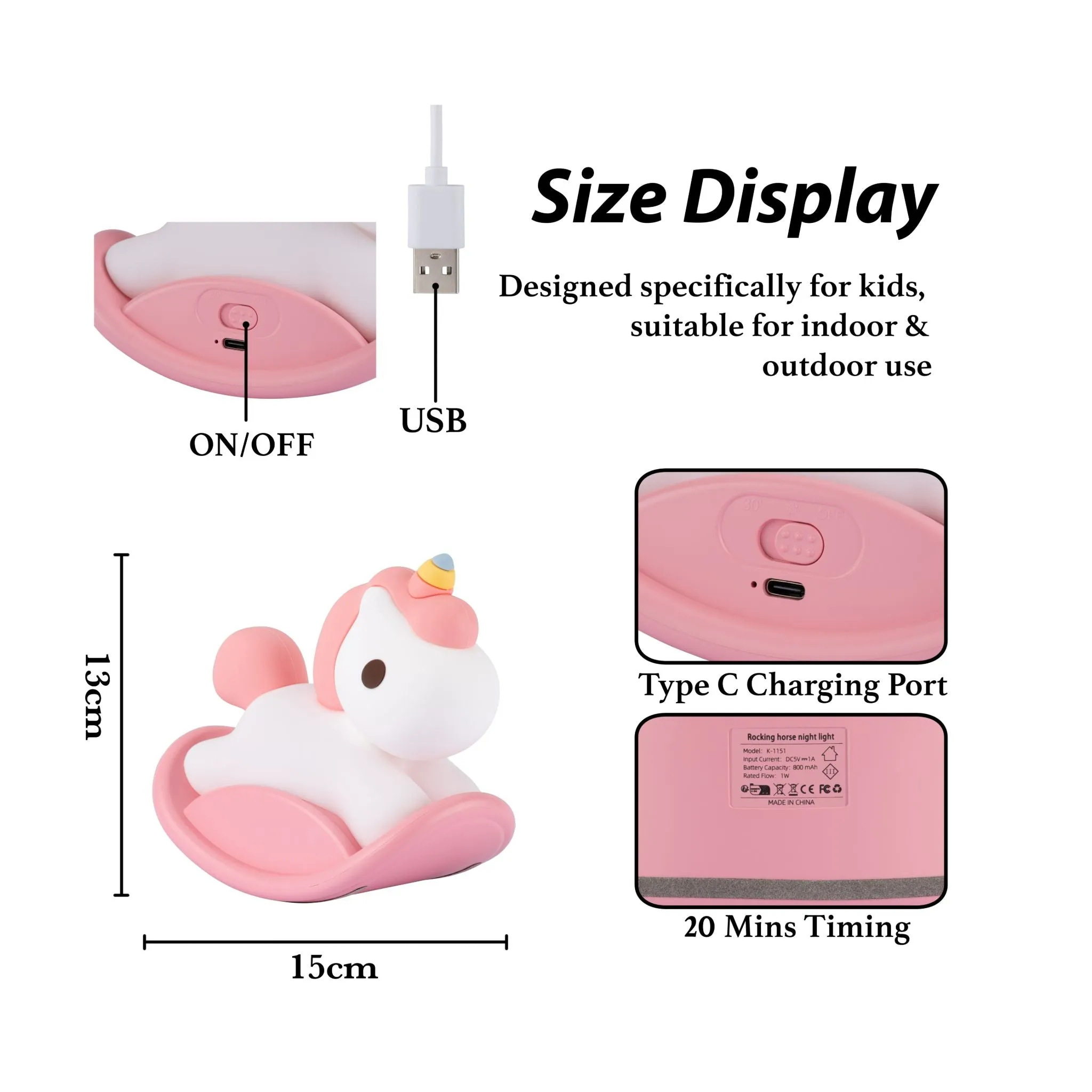 Rocking Horse LED Night Light USB Rechargeable Animal Touch Control Lamp