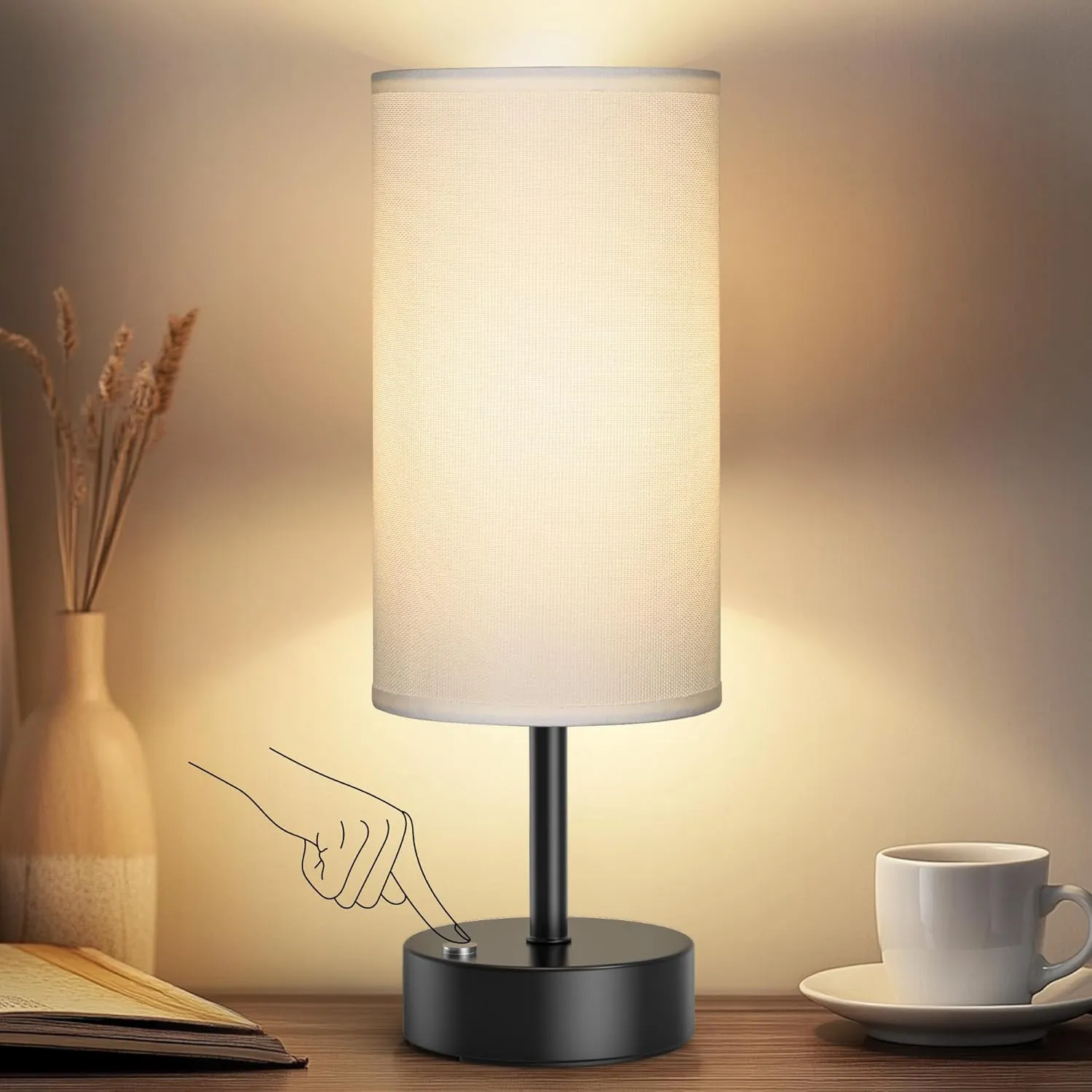 ROTTOGOON Cordless Table Lamp Touch Control Dimmable Small Bedside Table Lamps with Beige Fabric Shade 5000mAh Rechargeable Battery Powered Desk Lamp for Bedroom,Home,Office,Dorm-Black