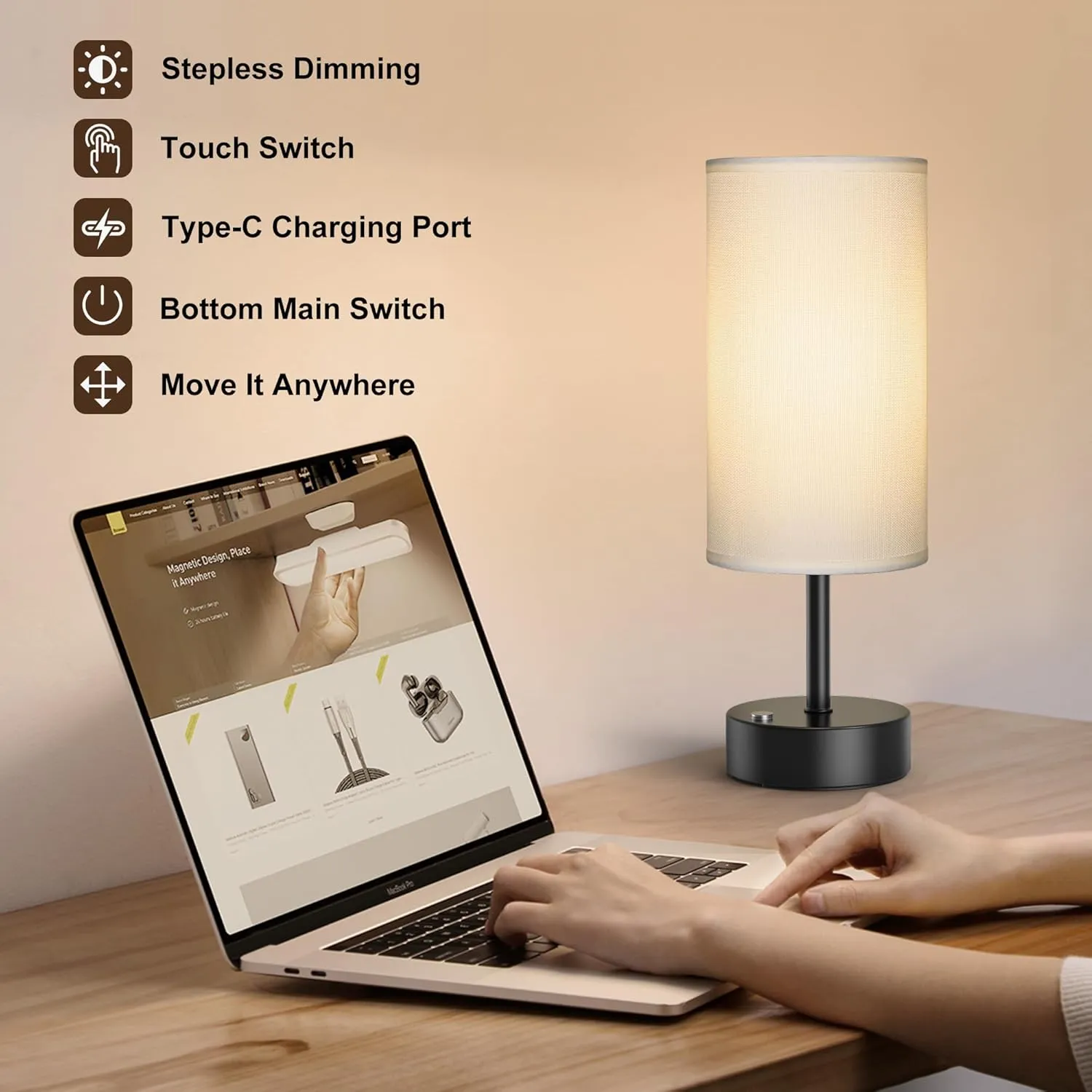 ROTTOGOON Cordless Table Lamp Touch Control Dimmable Small Bedside Table Lamps with Beige Fabric Shade 5000mAh Rechargeable Battery Powered Desk Lamp for Bedroom,Home,Office,Dorm-Black