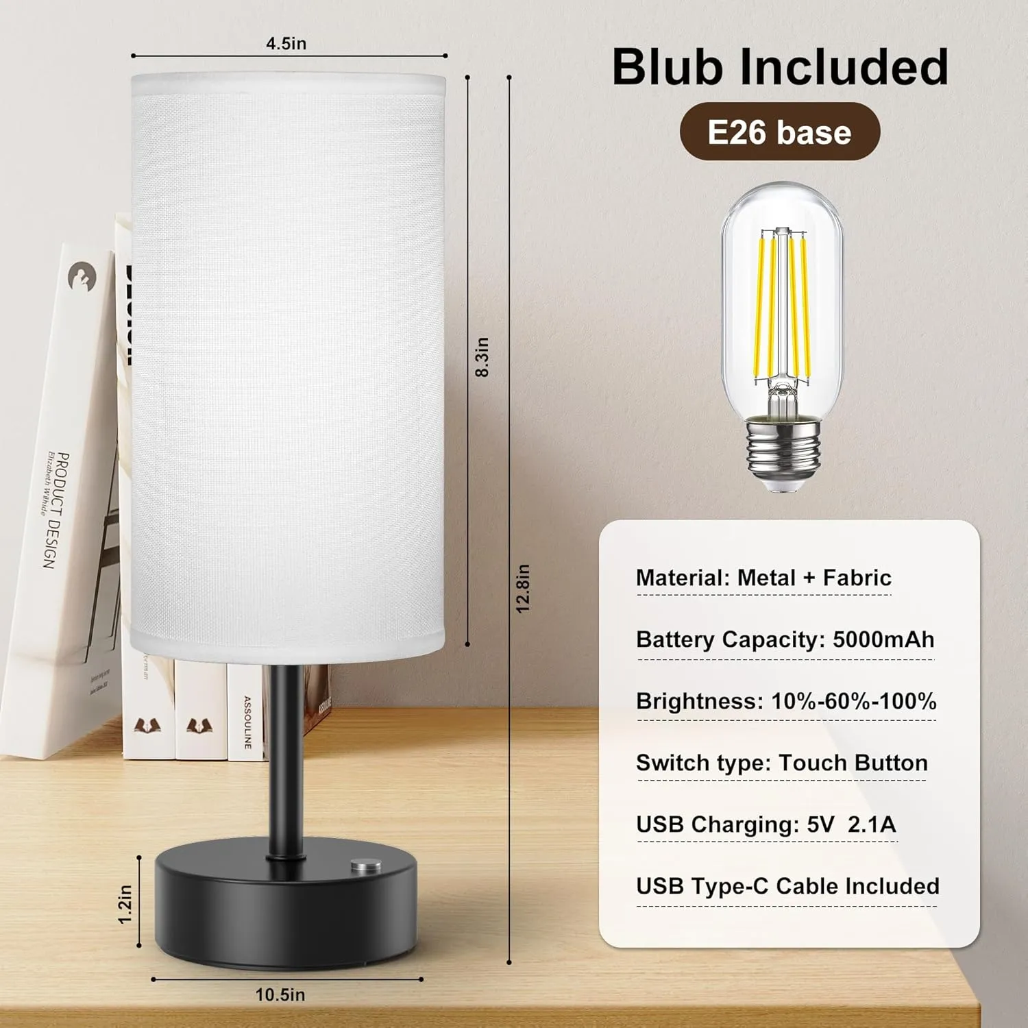 ROTTOGOON Cordless Table Lamp Touch Control Dimmable Small Bedside Table Lamps with Beige Fabric Shade 5000mAh Rechargeable Battery Powered Desk Lamp for Bedroom,Home,Office,Dorm-Black