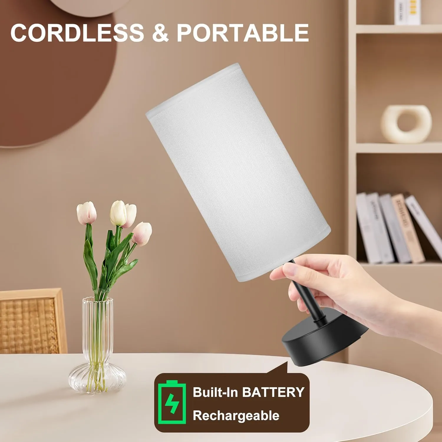 ROTTOGOON Cordless Table Lamp Touch Control Dimmable Small Bedside Table Lamps with Beige Fabric Shade 5000mAh Rechargeable Battery Powered Desk Lamp for Bedroom,Home,Office,Dorm-Black