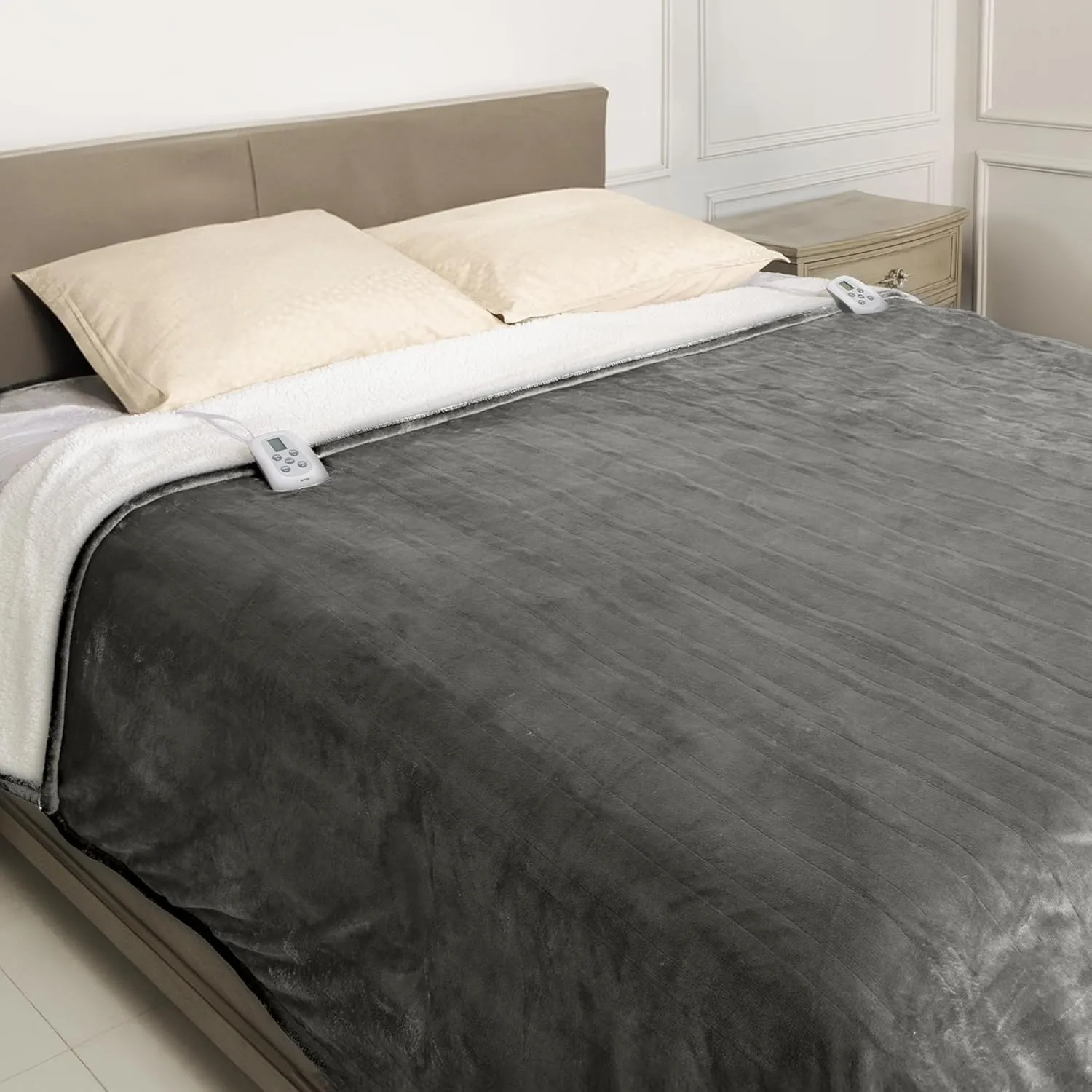 RoyalCraft Heated Blanket Queen Size with Dual Control, Fast Heating Thorw with 10 Heating Levels & 0.5-12 Hour Auto-Off, ETL Certified, Machine Washable, Soft Flannel and Sherpa, Grey