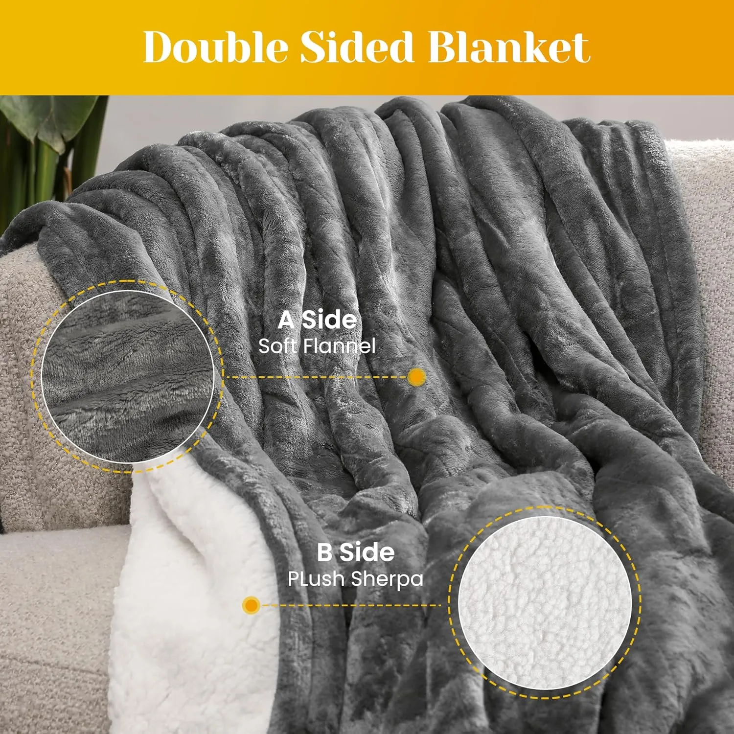 RoyalCraft Heated Blanket Queen Size with Dual Control, Fast Heating Thorw with 10 Heating Levels & 0.5-12 Hour Auto-Off, ETL Certified, Machine Washable, Soft Flannel and Sherpa, Grey