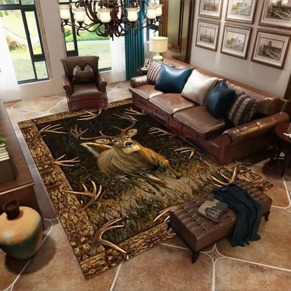 Running Deer Forest Theme Area Rugs 3'x5' Wildness Moose Elk Kitchen Runner Wildlife Bordered Mat Home Office Decor Carpets