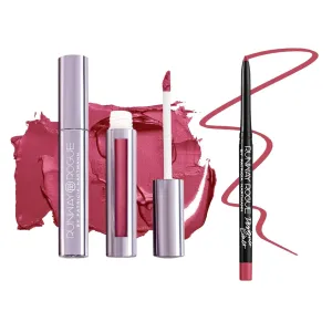Runway Rogue ‘First Class’ Frosted Berry-Pink Silk Glam Long Wear Liquid Lipstick Bundle with ‘Open Call’ Matte-Raspberry Designer Liner Lip Liner
