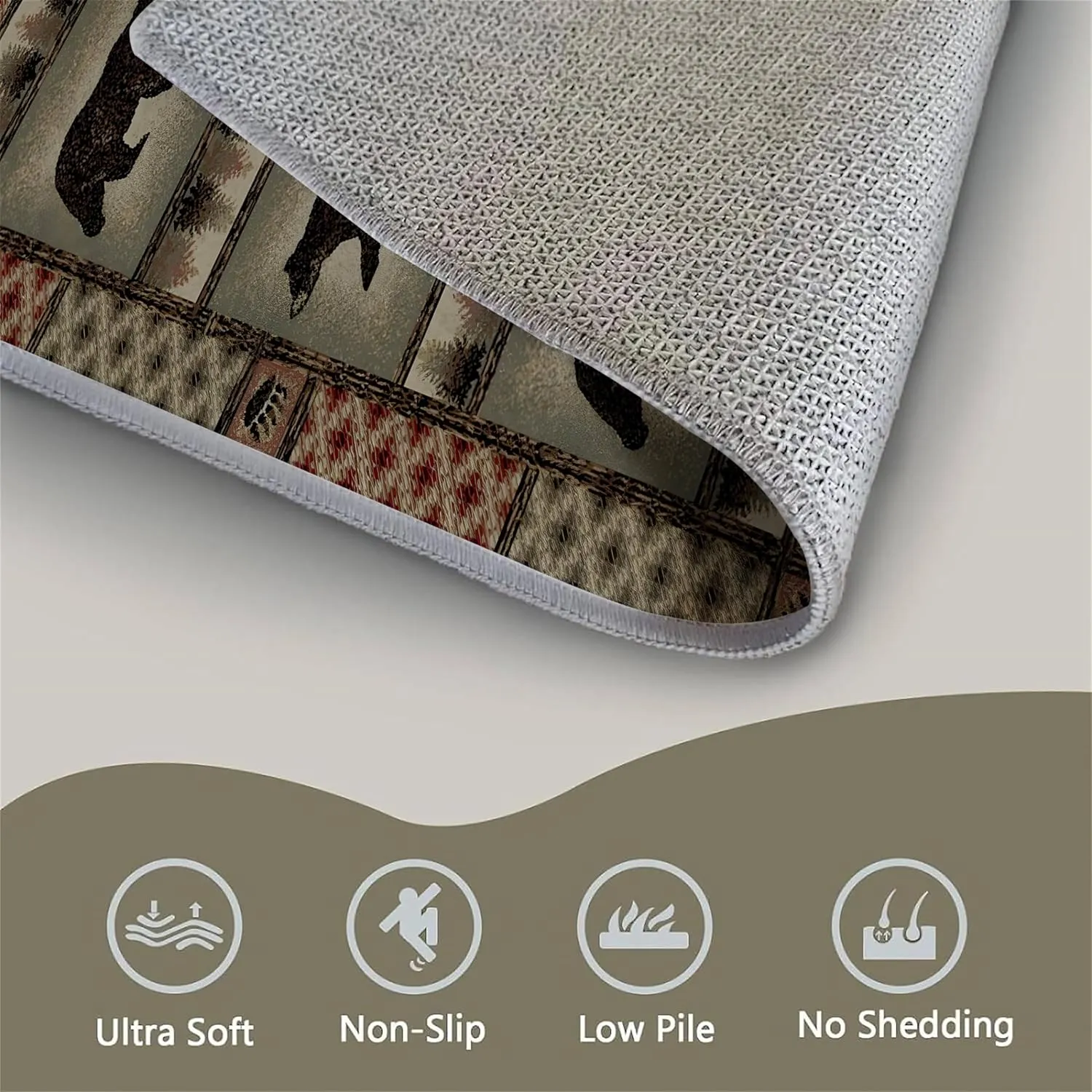 Rustic Bear Runner Rug American Nature Wildlife Lodge Scene Bears and Trees Leaves Pattern Hallway Rugs Western Country Cabin Style Decor Carpet for Corridor Living Room Bedroom, 3.3x12ft