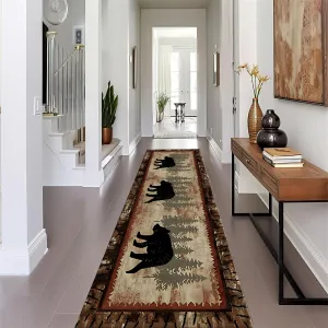 Rustic Bear Runner Rug American Nature Wildlife Lodge Scene Bears and Trees Leaves Pattern Hallway Rugs Western Country Cabin Style Decor Carpet for Corridor Living Room Bedroom, 3.3x12ft