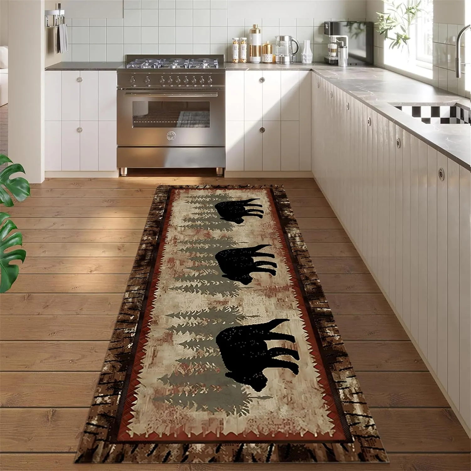 Rustic Bear Runner Rug American Nature Wildlife Lodge Scene Bears and Trees Leaves Pattern Hallway Rugs Western Country Cabin Style Decor Carpet for Corridor Living Room Bedroom, 3.3x12ft
