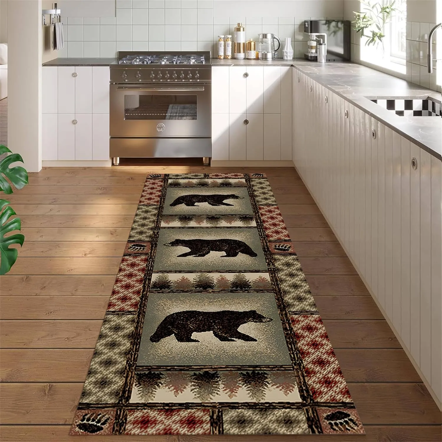 Rustic Bear Runner Rug American Nature Wildlife Lodge Scene Bears and Trees Leaves Pattern Hallway Rugs Western Country Cabin Style Decor Carpet for Corridor Living Room Bedroom, 3.3x12ft