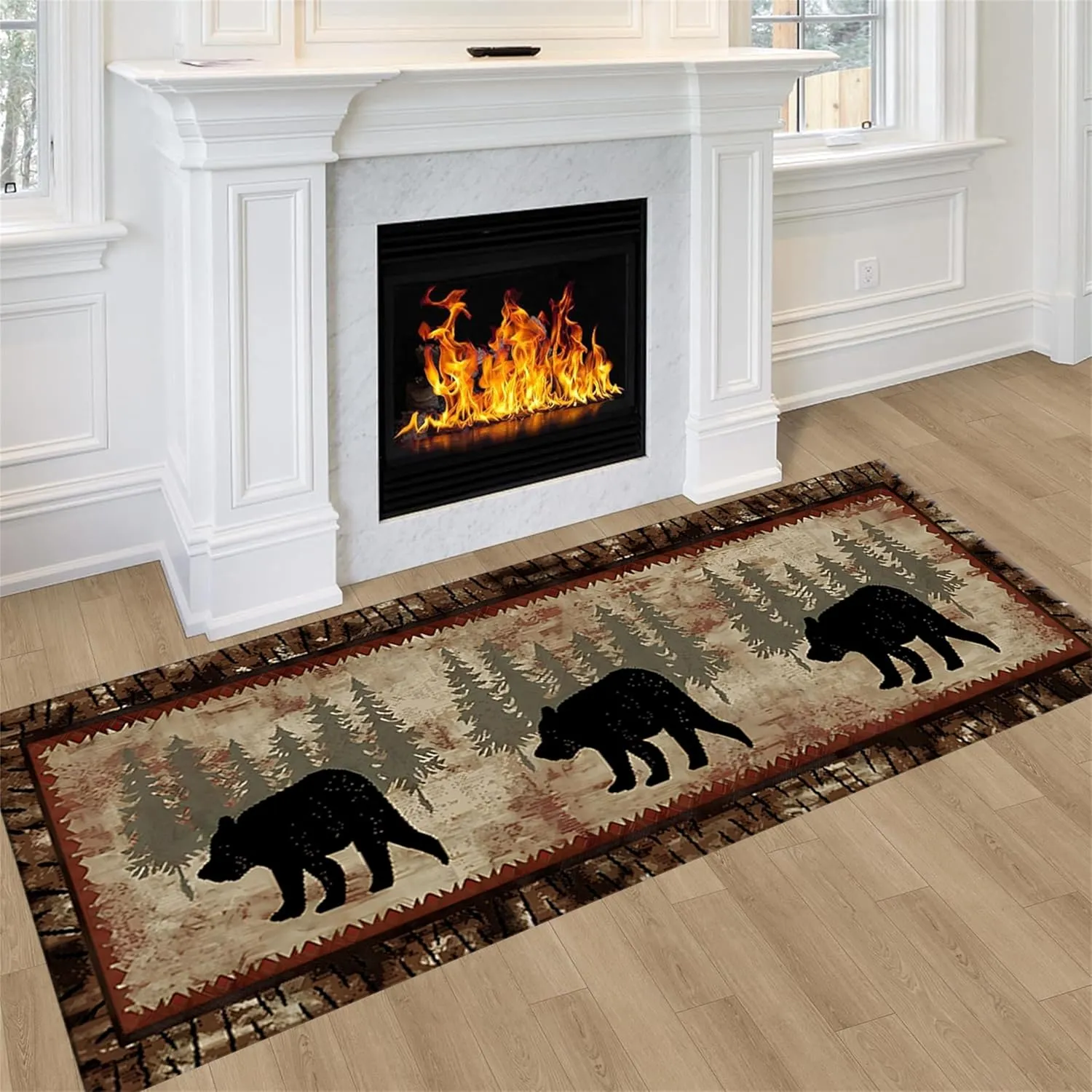 Rustic Bear Runner Rug American Nature Wildlife Lodge Scene Bears and Trees Leaves Pattern Hallway Rugs Western Country Cabin Style Decor Carpet for Corridor Living Room Bedroom, 3.3x12ft