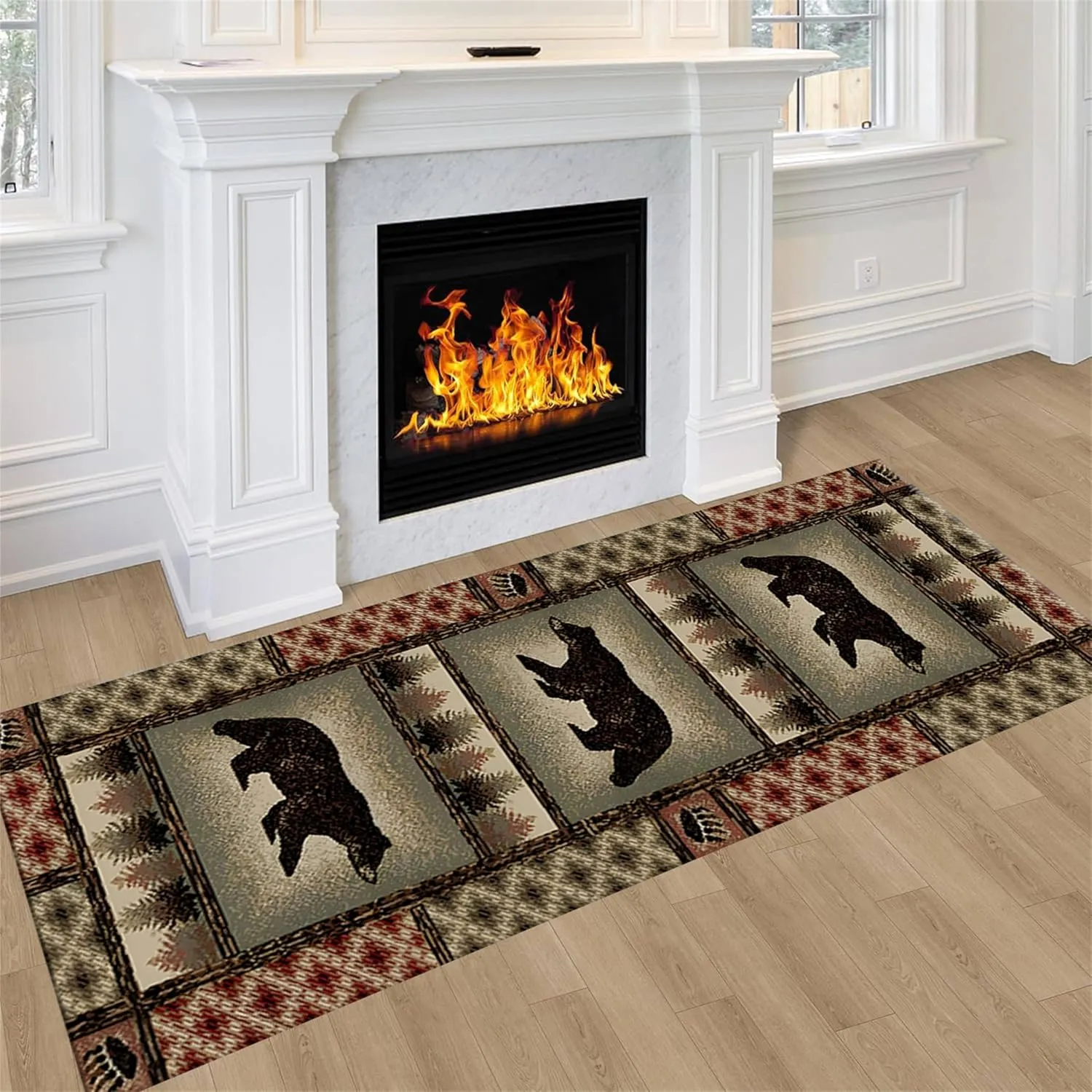Rustic Bear Runner Rug American Nature Wildlife Lodge Scene Bears and Trees Leaves Pattern Hallway Rugs Western Country Cabin Style Decor Carpet for Corridor Living Room Bedroom, 3.3x12ft