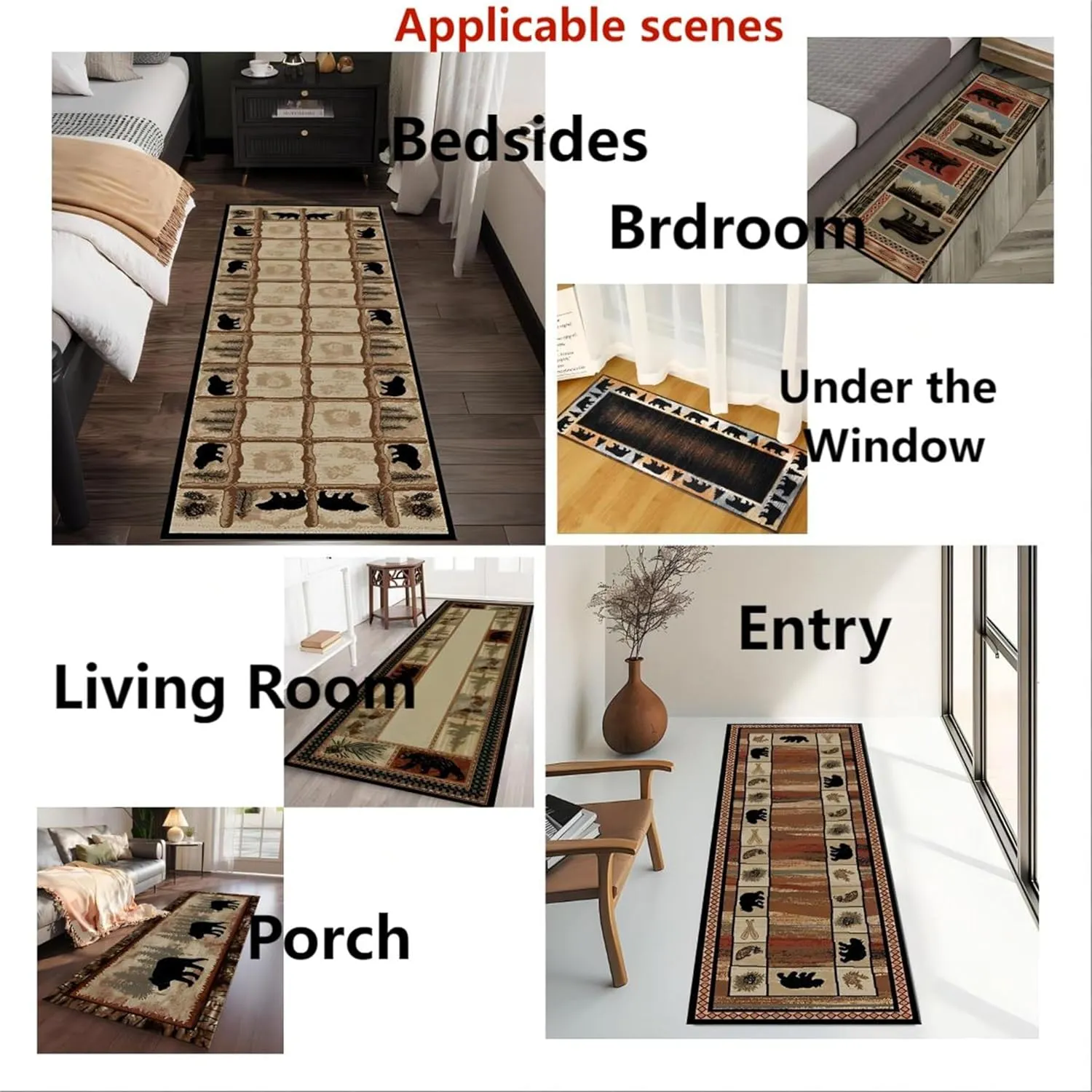 Rustic Bear Runner Rug American Nature Wildlife Lodge Scene Bears and Trees Leaves Pattern Hallway Rugs Western Country Cabin Style Decor Carpet for Corridor Living Room Bedroom, 3.3x12ft