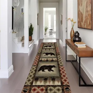 Rustic Bear Runner Rug American Nature Wildlife Lodge Scene Bears and Trees Leaves Pattern Hallway Rugs Western Country Cabin Style Decor Carpet for Corridor Living Room Bedroom, 3.3x12ft