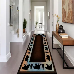 Rustic Cabin Runner Rug Vintage Rustic Cabin Theme Long Carpets with Wildlife Bear Trees Scene for Bedside Colorful Non-Slip Floor Mats in Predominantly Orange Ideal for Kitchen Bath, 3.3x12ft