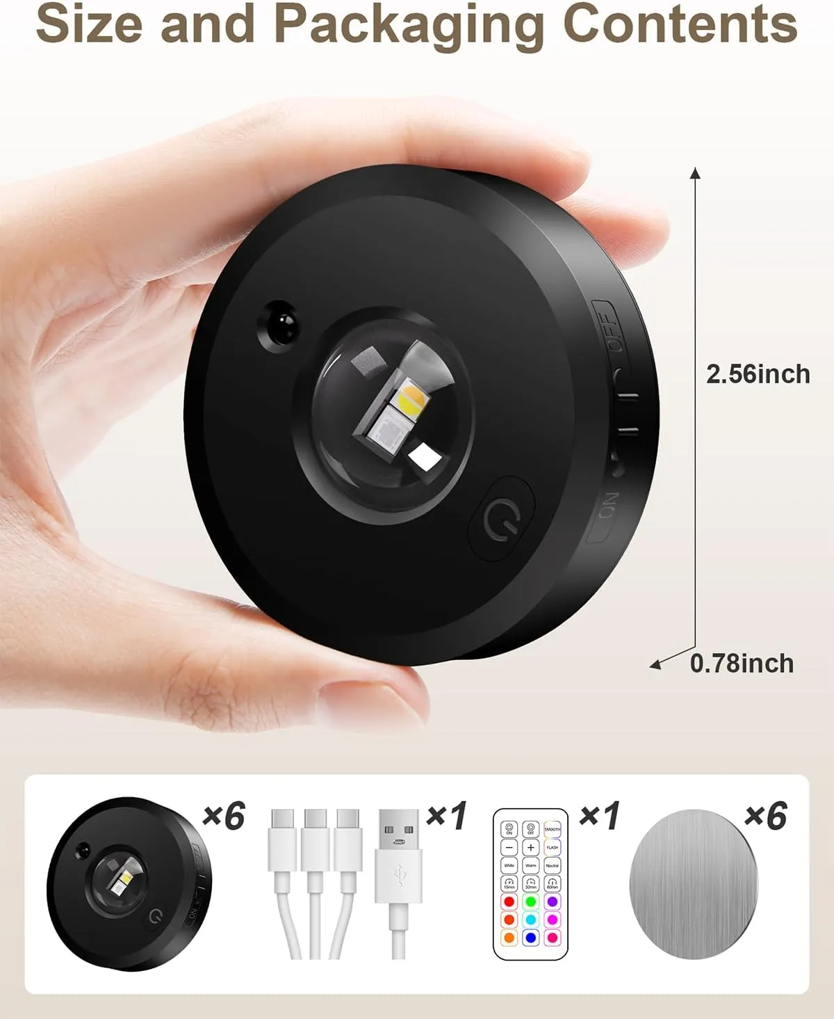 RUYI Under Cabinet Lighting Wireless, RGB Rechargeable Puck Lights with Remote, Battery Tap Light with Timer, Dimmable Touch Push Lights, Stick On LED Lights for Kitchen,Cabinet,Counter,Closet, 6 Pack