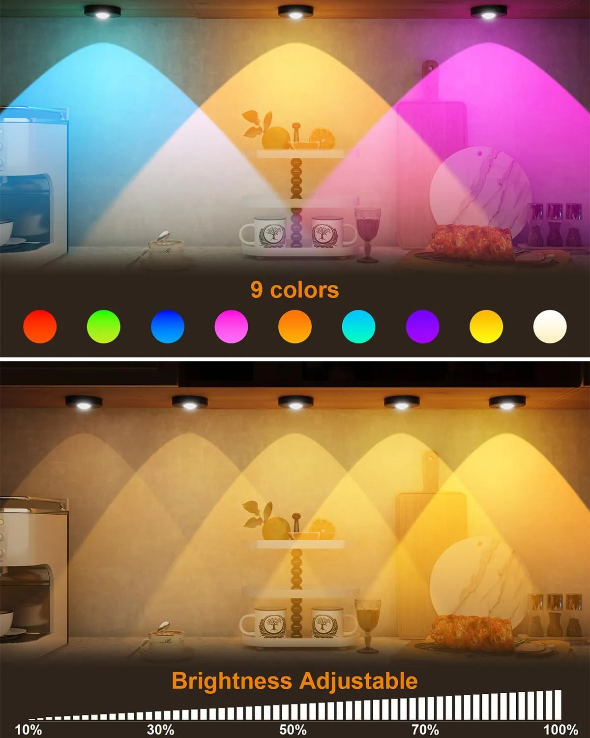 RUYI Under Cabinet Lighting Wireless, RGB Rechargeable Puck Lights with Remote, Battery Tap Light with Timer, Dimmable Touch Push Lights, Stick On LED Lights for Kitchen,Cabinet,Counter,Closet, 6 Pack