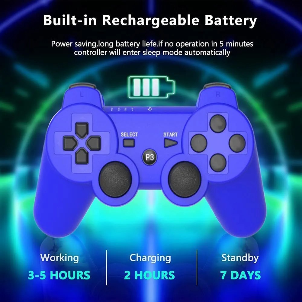 Rzzhgzq 2 Pack PS3 Wireless Controller Playstation 3 Controller Wireless Bluetooth Gamepad with USB Charger Cable for PS3 Console (Black Blue)