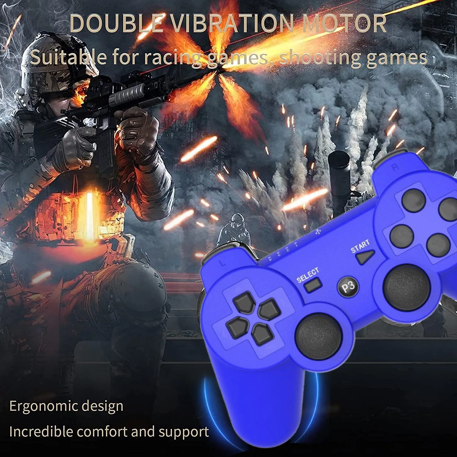 Rzzhgzq 2 Pack PS3 Wireless Controller Playstation 3 Controller Wireless Bluetooth Gamepad with USB Charger Cable for PS3 Console (Black Blue)