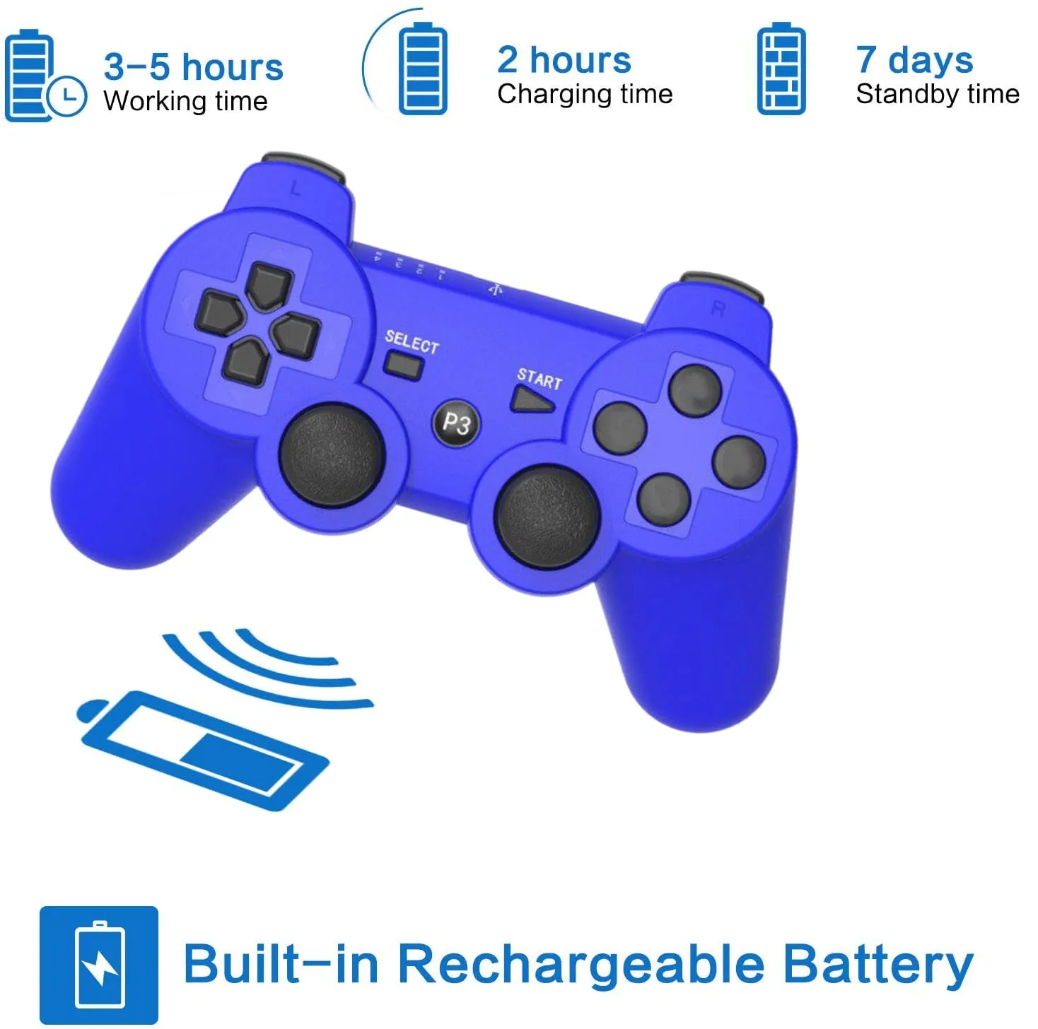 Rzzhgzq 2 Pack PS3 Wireless Controller Playstation 3 Controller Wireless Bluetooth Gamepad with USB Charger Cable for PS3 Console (Black Blue)