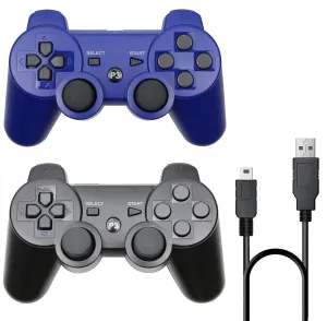 Rzzhgzq 2 Pack PS3 Wireless Controller Playstation 3 Controller Wireless Bluetooth Gamepad with USB Charger Cable for PS3 Console (Black Blue)
