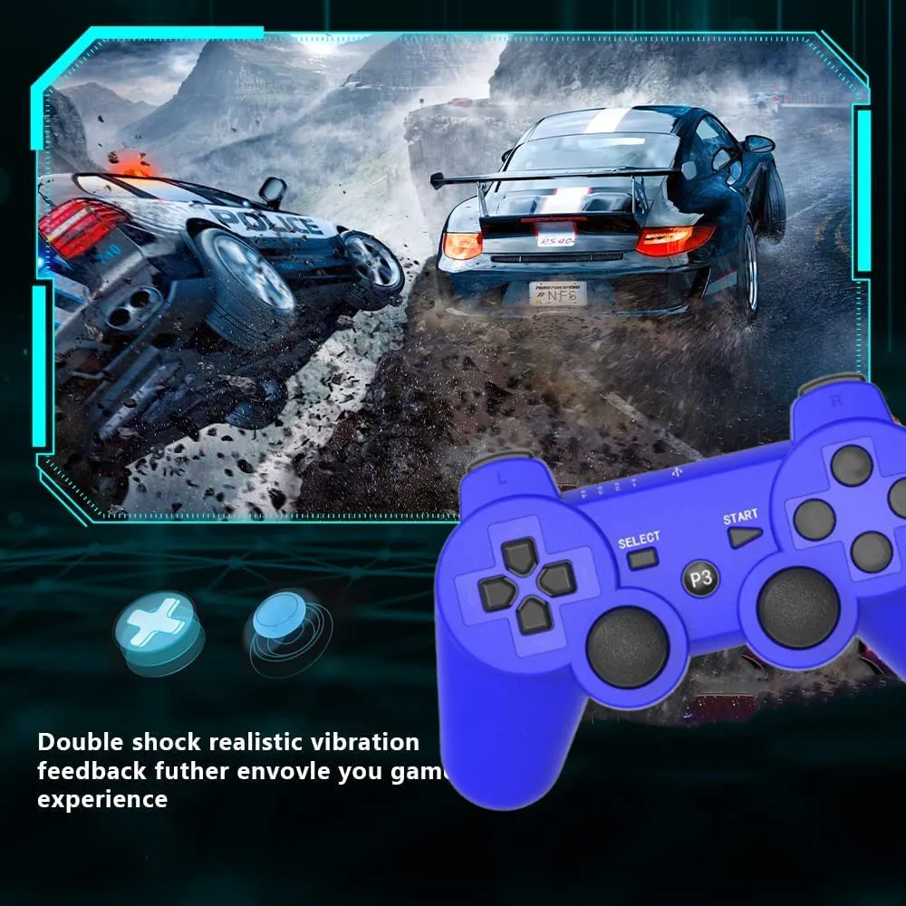 Rzzhgzq 2 Pack PS3 Wireless Controller Playstation 3 Controller Wireless Bluetooth Gamepad with USB Charger Cable for PS3 Console (Black Blue)
