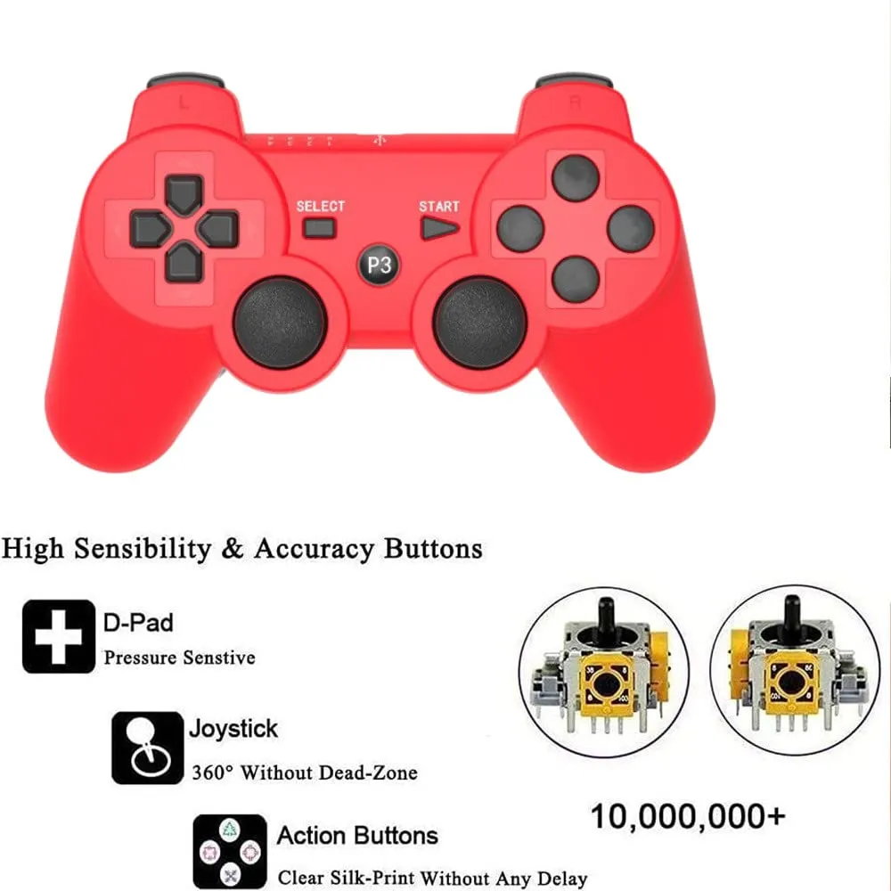 Rzzhgzq 2 Pack PS3 Wireless Controller Playstation 3 Controller Wireless Bluetooth Gamepad with USB Charger Cable for PS3 Console (Red Green)