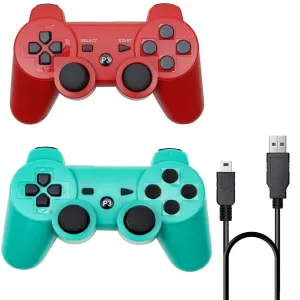 Rzzhgzq 2 Pack PS3 Wireless Controller Playstation 3 Controller Wireless Bluetooth Gamepad with USB Charger Cable for PS3 Console (Red Green)