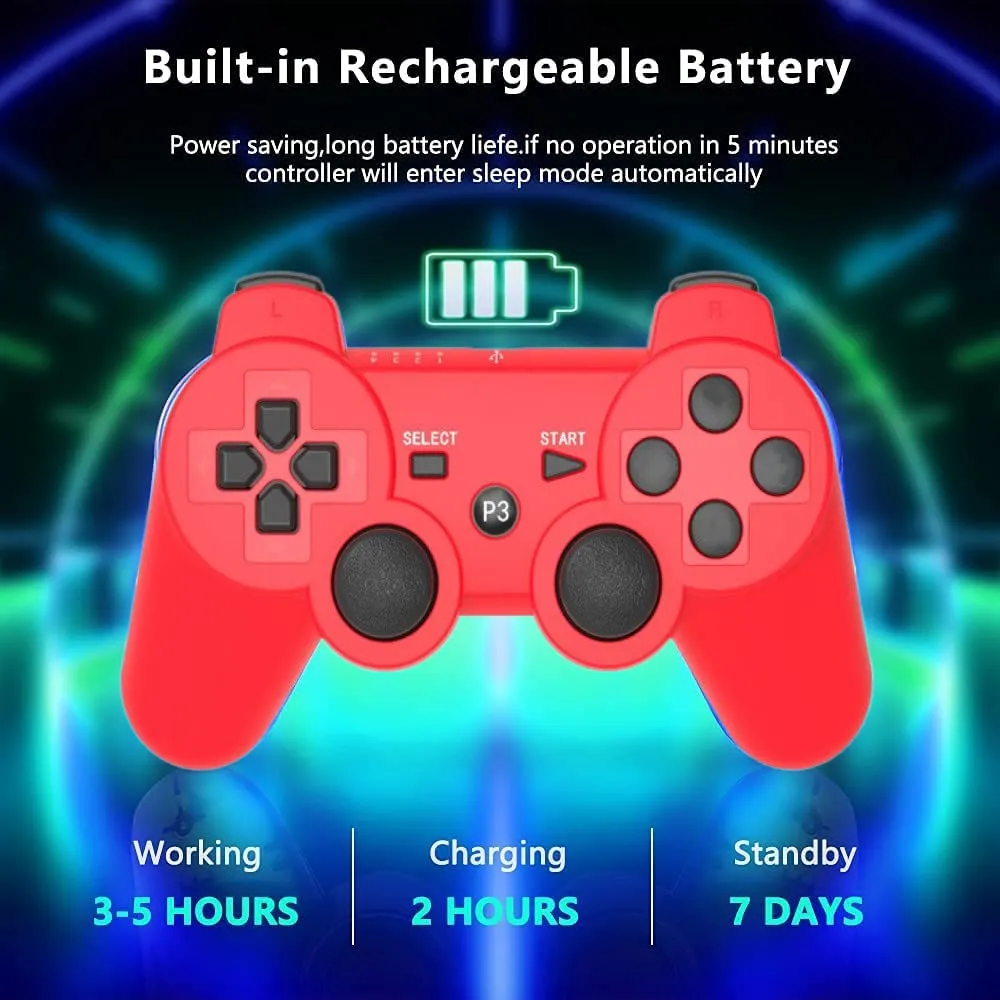 Rzzhgzq 2 Pack PS3 Wireless Controller Playstation 3 Controller Wireless Bluetooth Gamepad with USB Charger Cable for PS3 Console (Red Green)