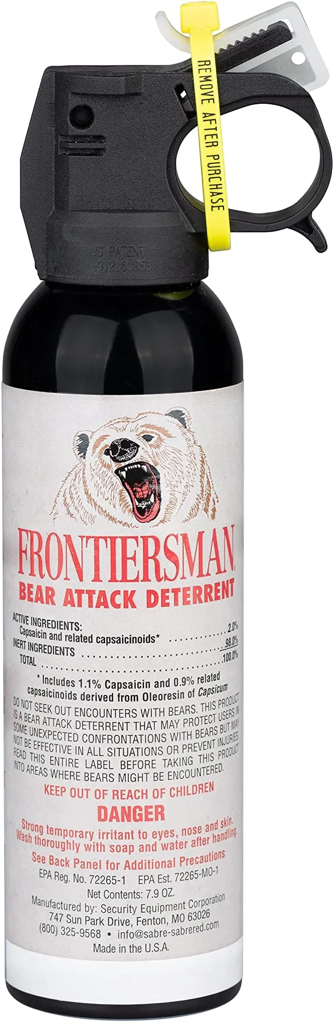 SABRE Frontiersman 7.9 fl oz. Bear Spray, Maximum Strength 2.0% Major Capsaicinoids, Powerful 30 ft. Range Bear Deterrent, Outdoor Camping & Hiking Protection, Quick Draw Holster & Multipack Options