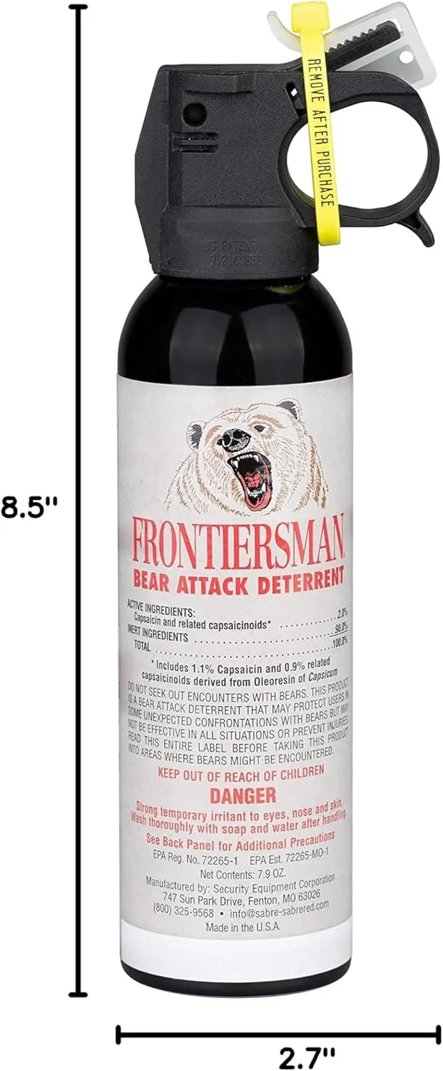 SABRE Frontiersman 7.9 fl oz. Bear Spray, Maximum Strength 2.0% Major Capsaicinoids, Powerful 30 ft. Range Bear Deterrent, Outdoor Camping & Hiking Protection, Quick Draw Holster & Multipack Options