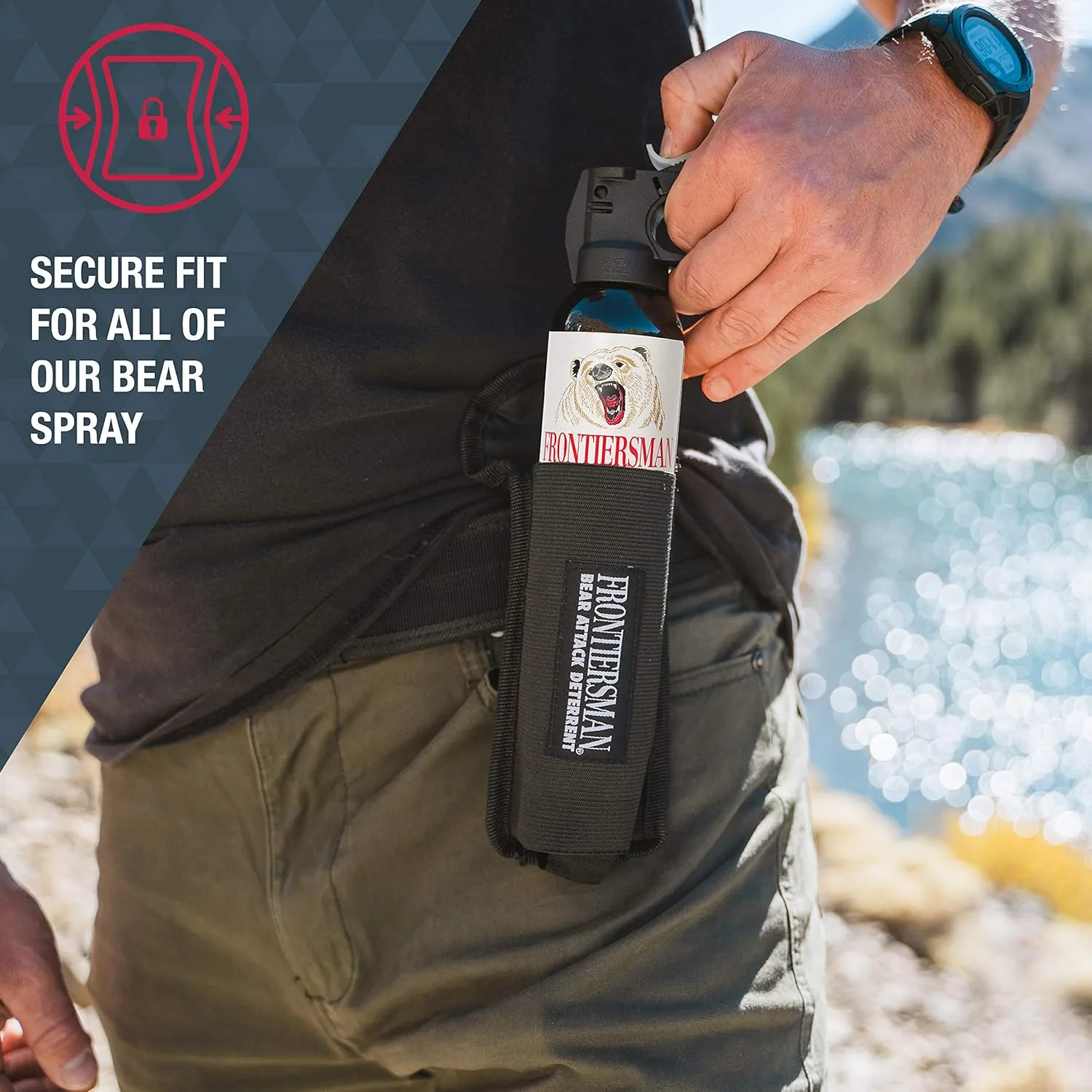 SABRE Frontiersman 7.9 fl oz. Bear Spray, Maximum Strength 2.0% Major Capsaicinoids, Powerful 30 ft. Range Bear Deterrent, Outdoor Camping & Hiking Protection, Quick Draw Holster & Multipack Options
