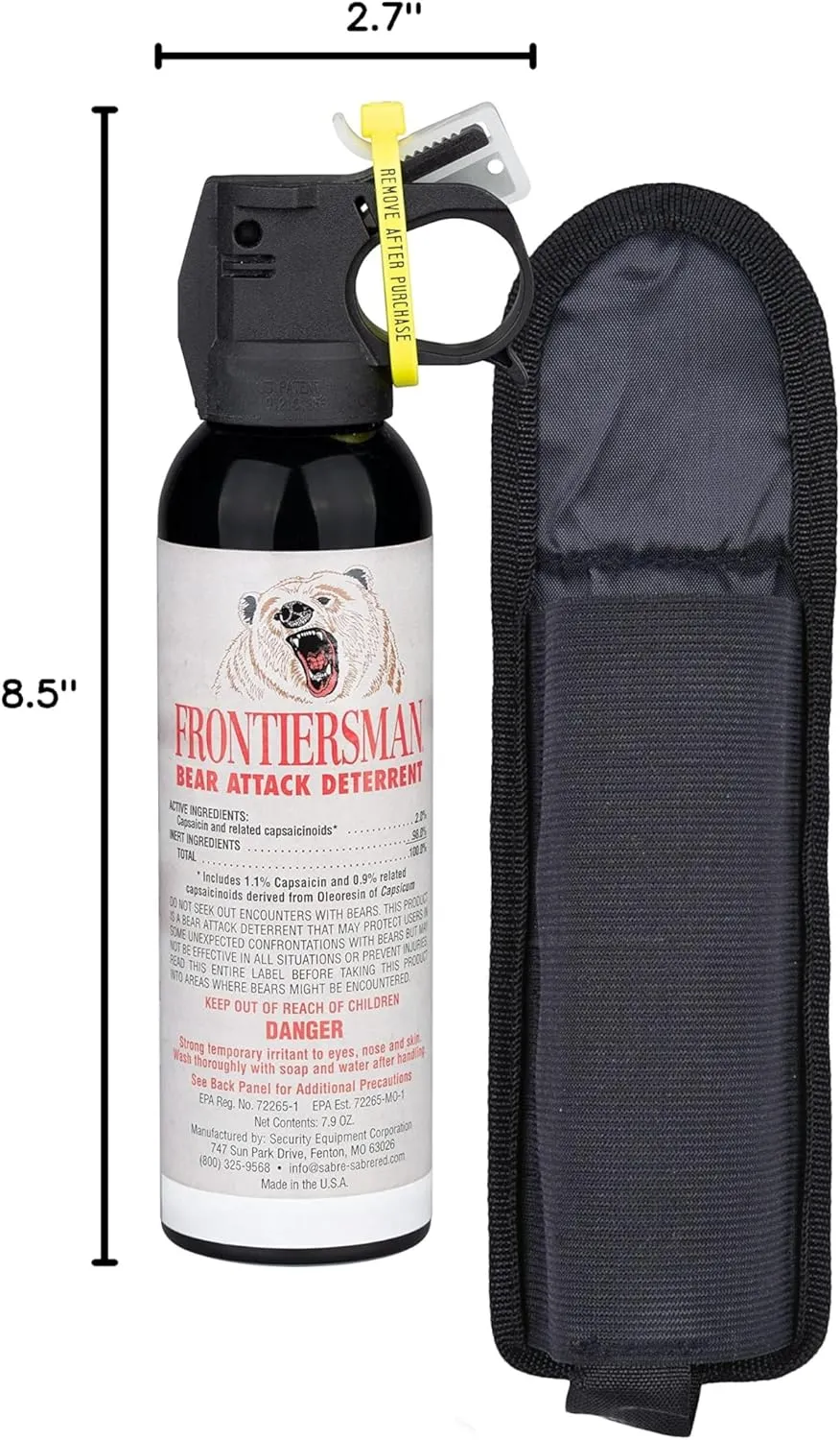SABRE Frontiersman 7.9 fl oz. Bear Spray, Maximum Strength 2.0% Major Capsaicinoids, Powerful 30 ft. Range Bear Deterrent, Outdoor Camping & Hiking Protection, Quick Draw Holster & Multipack Options