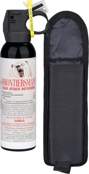 SABRE Frontiersman 7.9 fl oz. Bear Spray, Maximum Strength 2.0% Major Capsaicinoids, Powerful 30 ft. Range Bear Deterrent, Outdoor Camping & Hiking Protection, Quick Draw Holster & Multipack Options