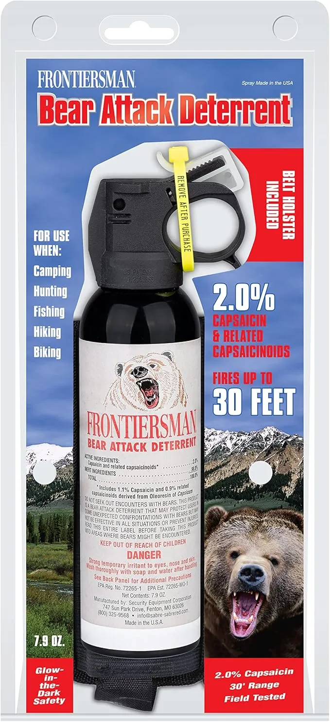 SABRE Frontiersman 7.9 fl oz. Bear Spray, Maximum Strength 2.0% Major Capsaicinoids, Powerful 30 ft. Range Bear Deterrent, Outdoor Camping & Hiking Protection