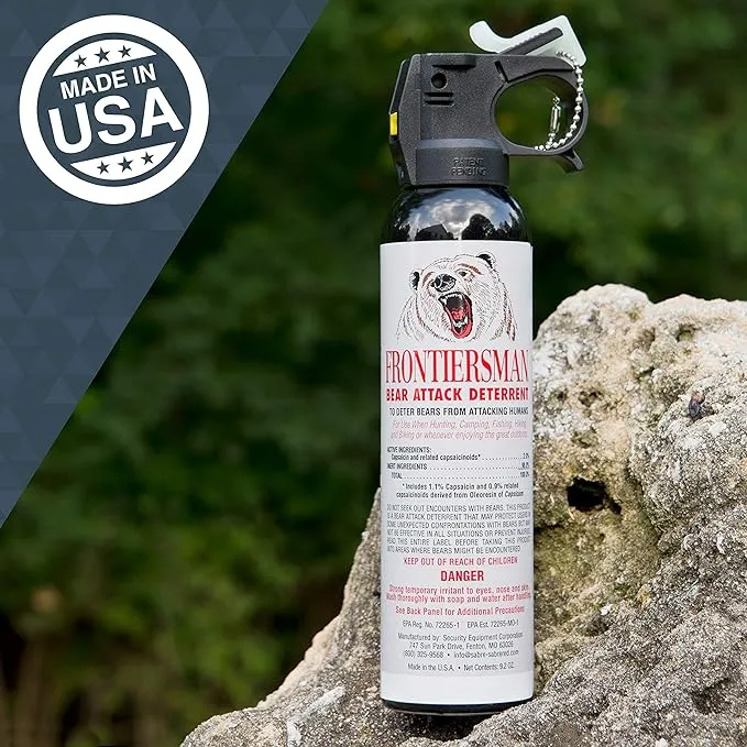 SABRE Frontiersman 9.2 fl oz. Bear Spray, Maximum Strength 2.0% Major Capsaicinoids, Powerful 35 ft. Range Bear Deterrent, Outdoor Camping & Hiking Protection, Quick Draw Holster & Multipack Options