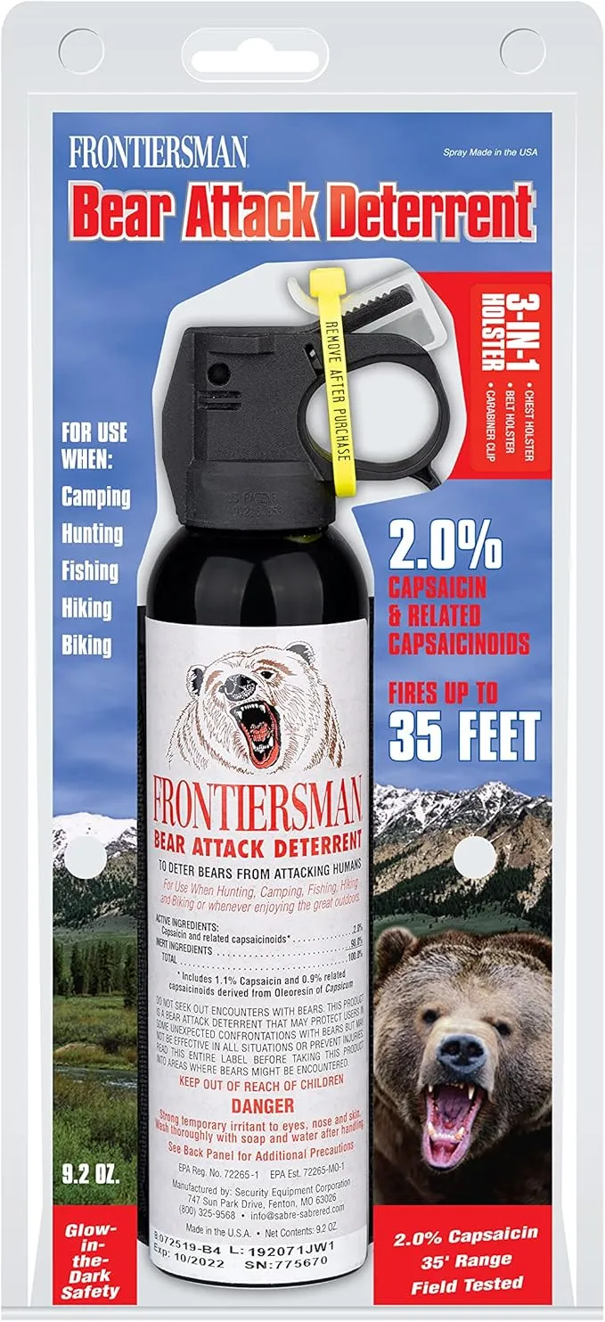 SABRE Frontiersman 9.2 fl oz. Bear Spray, Maximum Strength 2.0% Major Capsaicinoids, Powerful 35 ft. Range Bear Deterrent, Outdoor Camping & Hiking Protection, Quick Draw Holster & Multipack Options