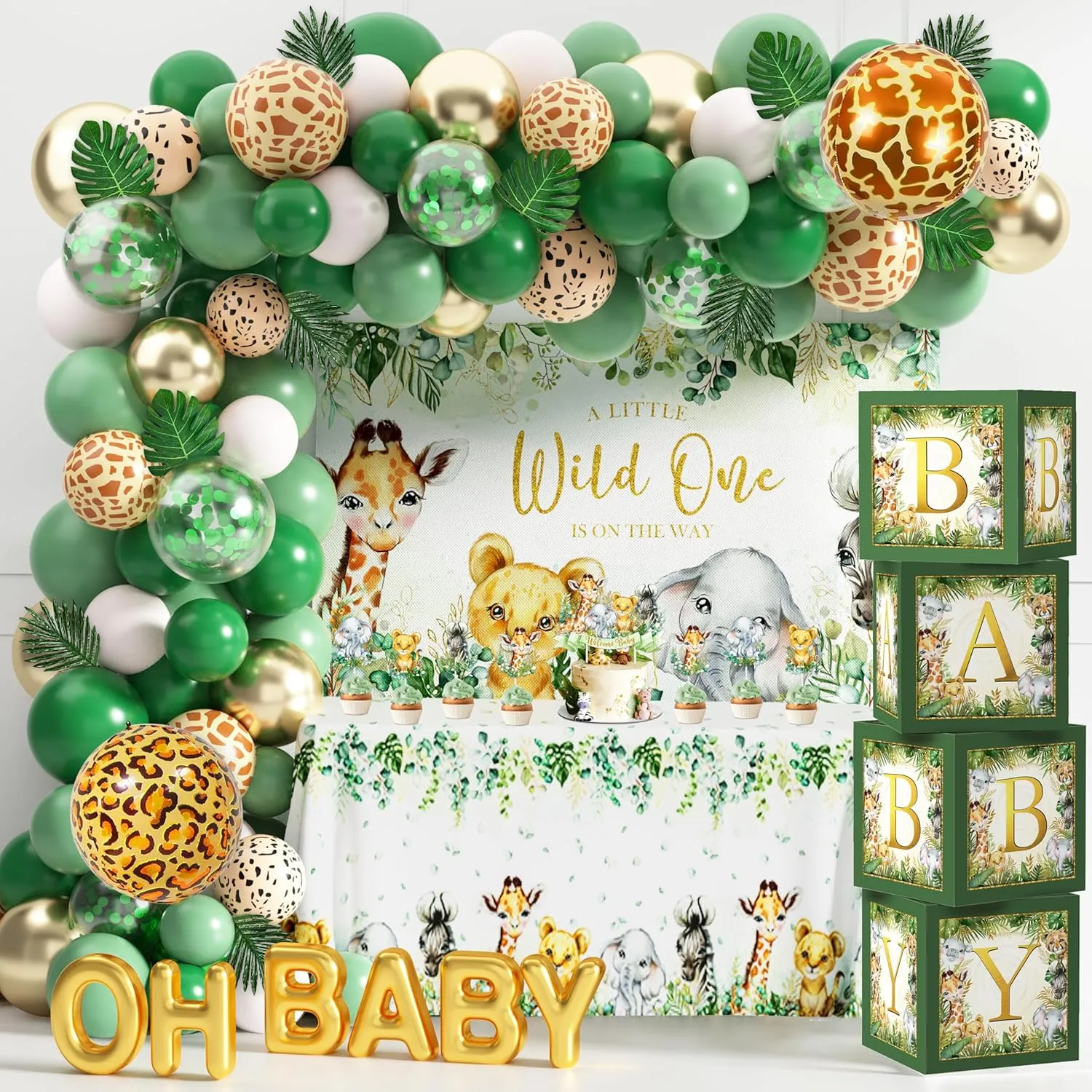 Safari Jungle Baby Shower Decorations for Boy Girl Wild One First Birthday Party Supplies Safari Balloons Garland Arch Kit Baby Boxes with Letters Wild One Backdrop Animal Tablecloth (Green)