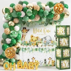 Safari Jungle Baby Shower Decorations for Boy Girl Wild One First Birthday Party Supplies Safari Balloons Garland Arch Kit Baby Boxes with Letters Wild One Backdrop Animal Tablecloth (Green)