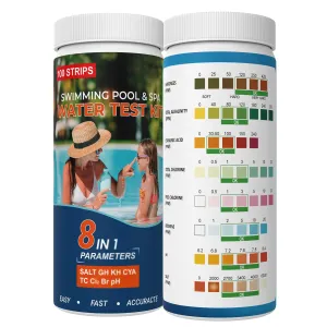 Salt-Water Pool Test Strips Kit, 8IN1 Salt Pool Test Strips 100 Strips for Salt Water Pool Testing Kit Pool Salt Test Strips for Pool, Hot Tub&Spa Testing Salt Chlorine pH and More