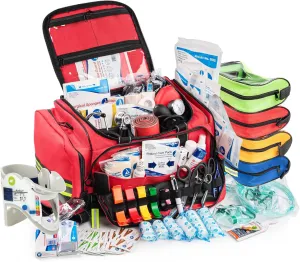 Scherber Fully-Stocked First Responder Professional Advanced EMT/EMS Trauma Kit | HSA/FSA Approved | Reflective Bag w/10  Compartments, Zippered Pockets & 250  First Aid Supplies (Red)