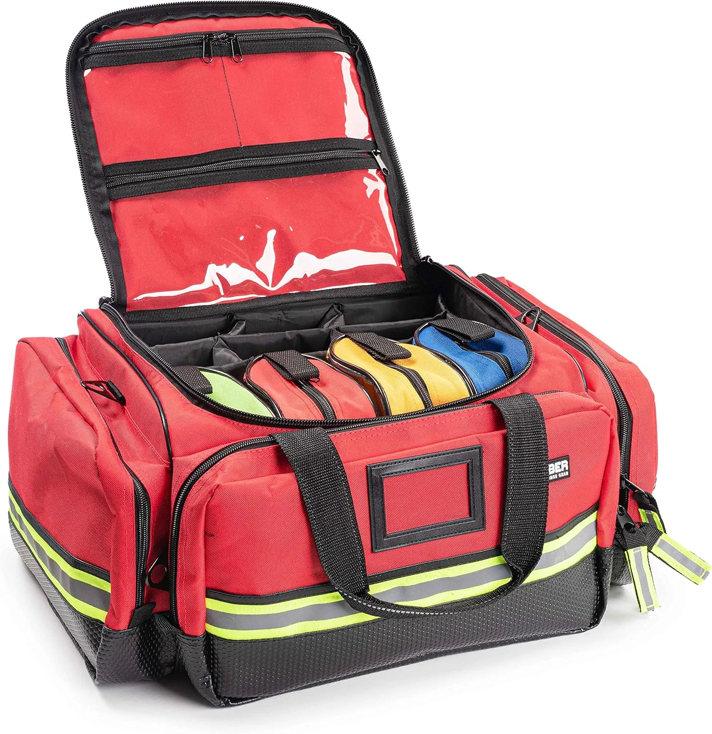 Scherber Fully-Stocked First Responder Professional Advanced EMT/EMS Trauma Kit | HSA/FSA Approved | Reflective Bag w/10  Compartments, Zippered Pockets & 250  First Aid Supplies (Red)