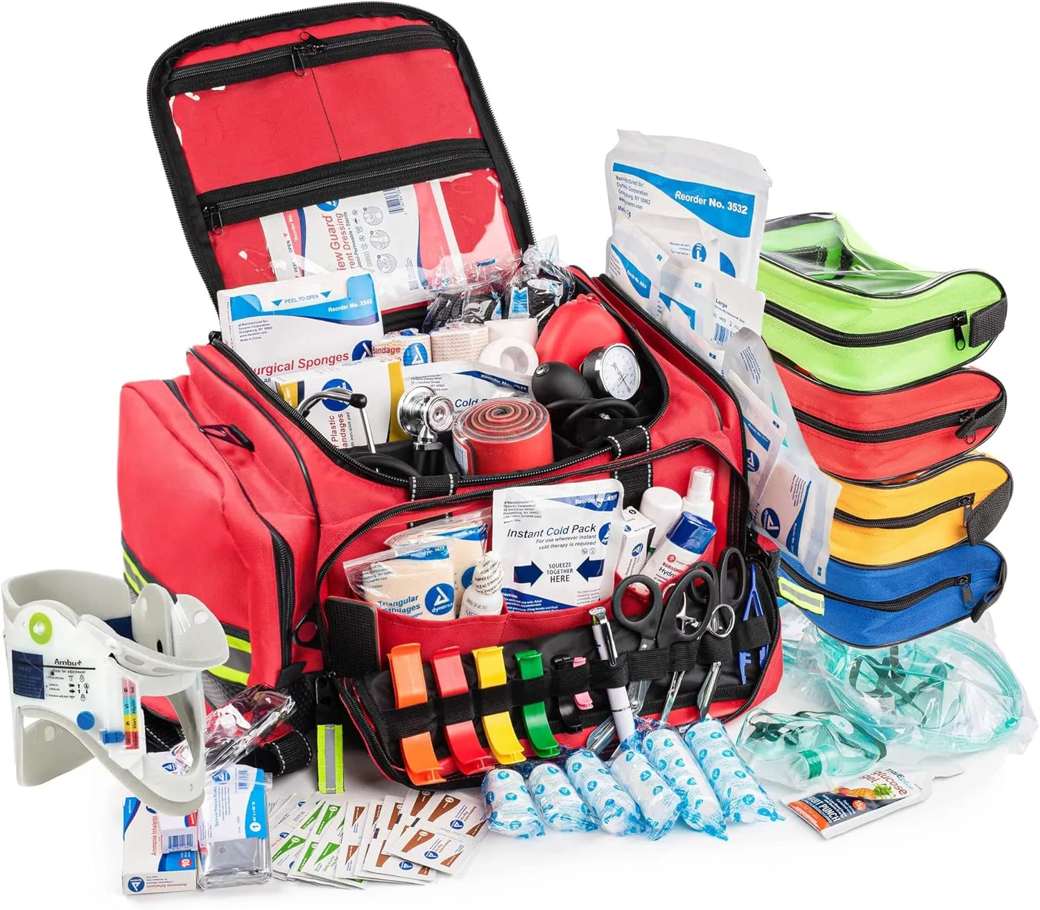 Scherber Fully-Stocked First Responder Professional Advanced EMT/EMS Trauma Kit | HSA/FSA Approved | Reflective Bag w/10  Compartments, Zippered Pockets & 250  First Aid Supplies (Red)