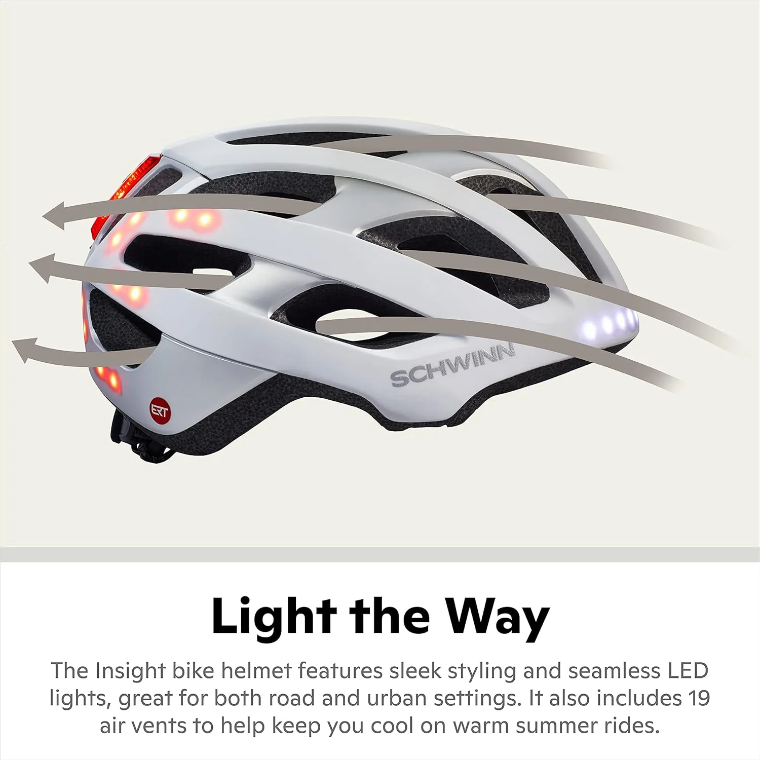Schwinn LED Insight ERT Bike Helmet For Adult Youth Men Women, Front & Rear LED Lights, Can Fit Head Circumference 54-62 cm, With 19 Air Vents, Removable/Washable Padding, and Adjustable Locking Strap