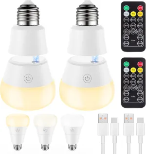 SCOPOW Magnetic and USB Charging 2IN1 Rechargeable Light Bulb with Remote Control Timer and 3 Color Temperature Battery Operated Light Bulb (2, E26)